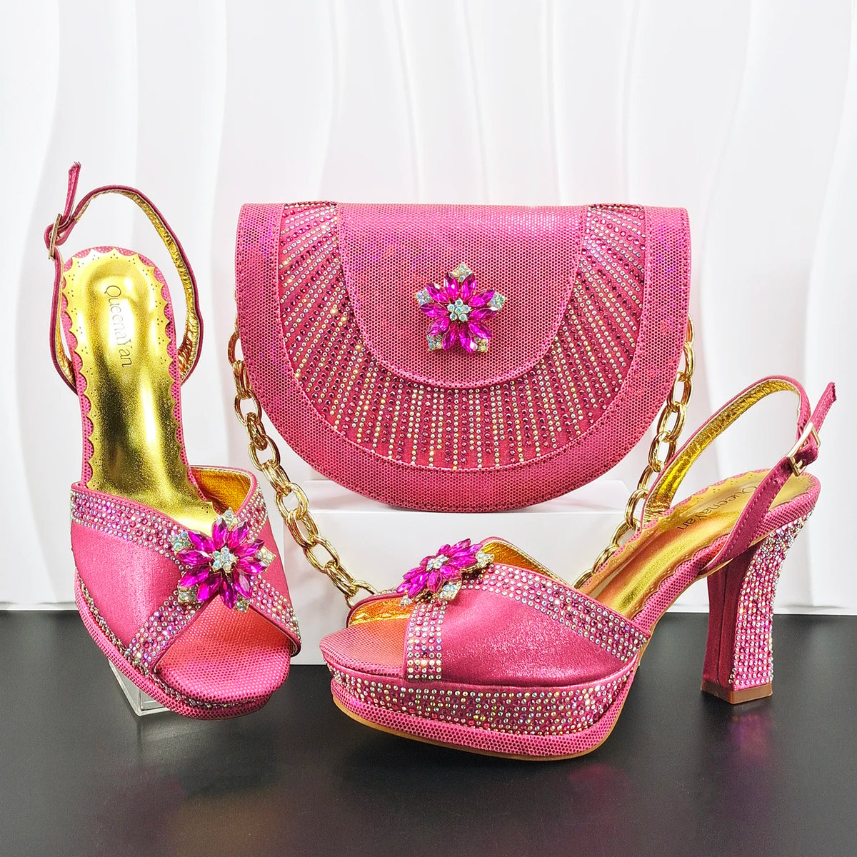 Italian Design Bigger Size Shoes and Bags Set Wedding for Women Bride Ladies High Heel HAND CRAFTED UPPER Shoes with Rhinestone