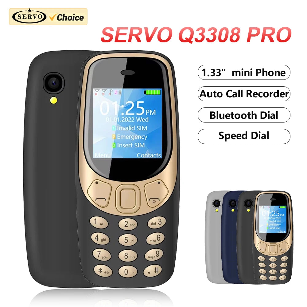 SERVO Q3308Pro 3 SIM Card Mini Mobile Phone Bluetooth Dial Magic Voice FM Call Recorder 1.33inch Small Pocket Button Cell Phones