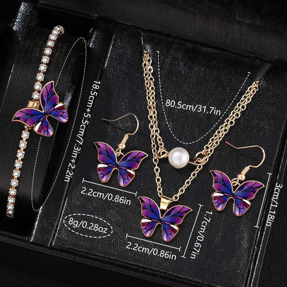 5PCS Purple Women's Watch Set Fashion Trend Butterfly Element Dial Quartz Watch Bracelet Necklace Earrings Set Holiday Gift