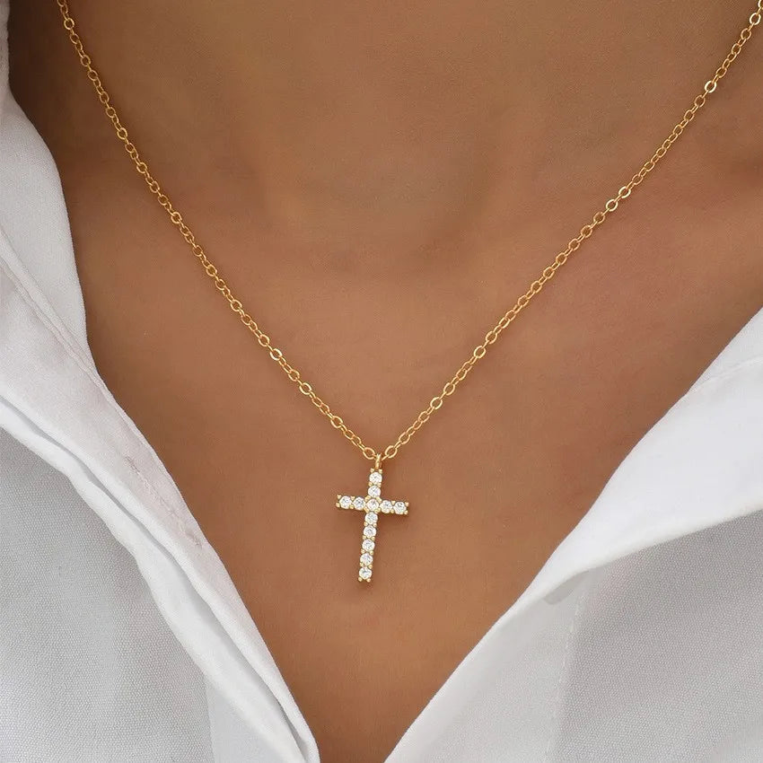 Fashion Crystal Cross Pendant Chain Choker Necklace Women's Trendy Retro Charm Jewelry Wholesale