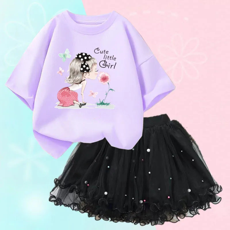 Fashion Summer Girls Outfits Pretty Ballet Dance Girl T-shirt and Tutu Skirt Set for Princess Clothes Suit Children Clothing