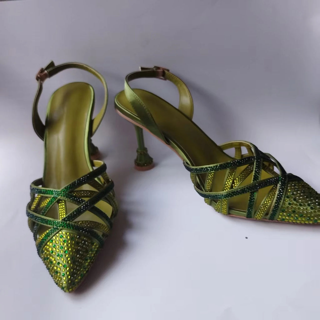 INSIGHTLINK Luxury Olive Green Rhinestones Women's Shoe and Bag Set for Party Wedding Crystals Heeled Pumps and Handbag Sandals
