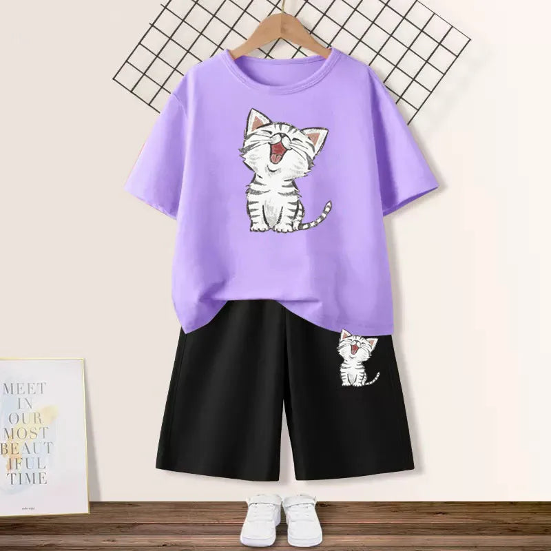 Girls Happy Cat Printed 2PC Outfit Set Summer Fashion Short Sleeve T-Shirt And Shorts Combo Cute Kids Clothing