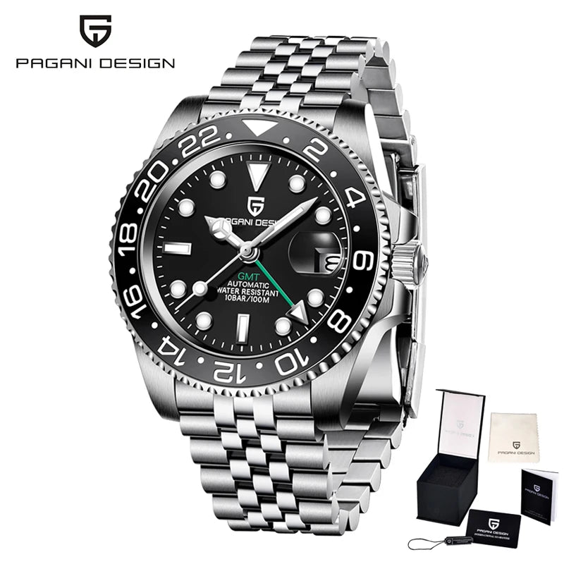 PAGANI DESIGN PD-1662 Luxury GMT Men Mechanical Wristwatch Sapphire Glass Stainless Steel 100M Waterproof Automatic Watches