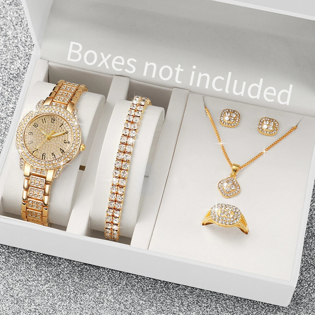 6PCS Fashion Full Diamond Women's Watch Gold Steel Band Analog Quartz Watches Jewelry Set（Without Box）