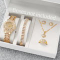6PCS Fashion Full Diamond Women's Watch Gold Steel Band Analog Quartz Watches Jewelry Set（Without Box）