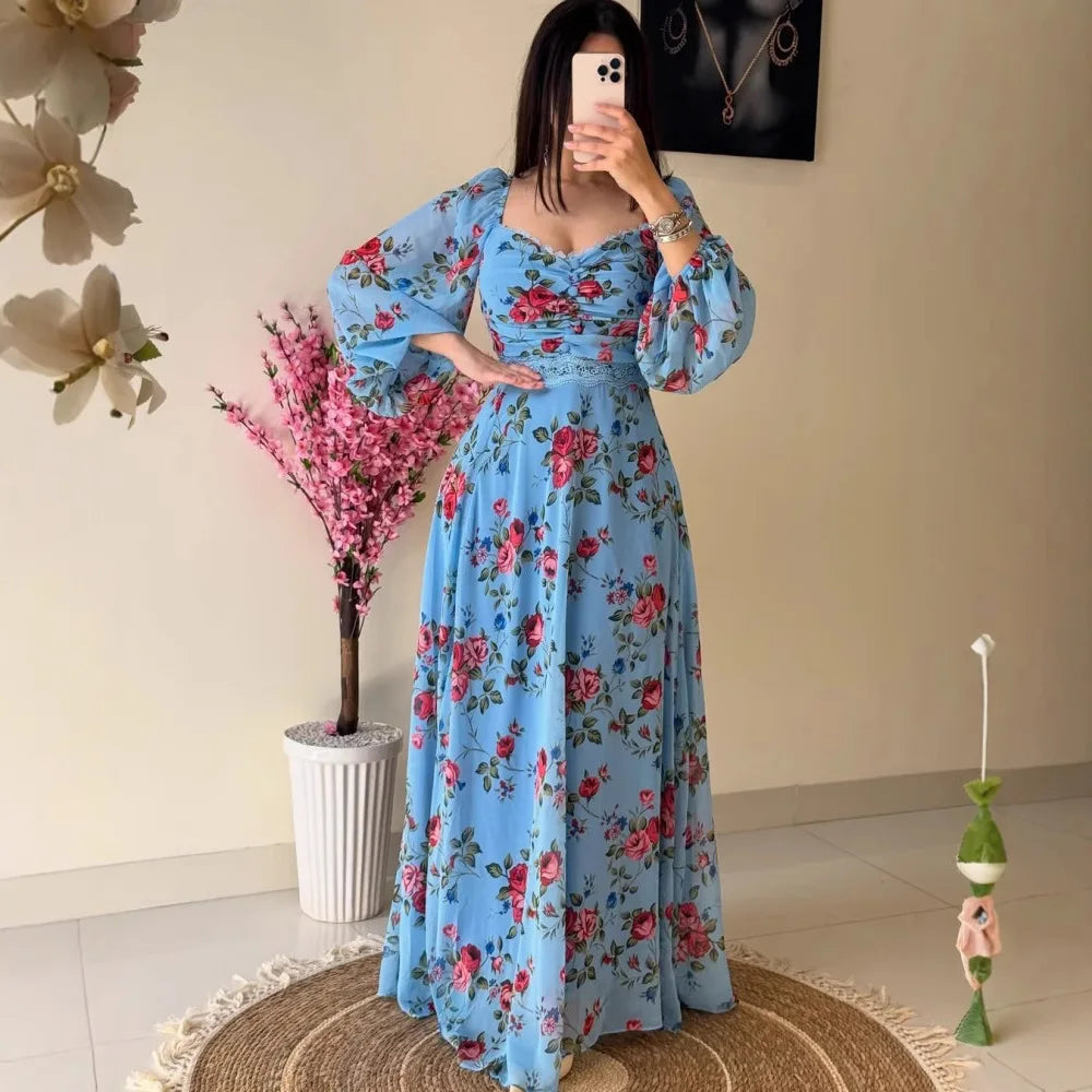 2025 Spring/Summer New Women's Clothing Middle East Chiffon Printed Lace Lace Dress Long Sleeve Bubble Sleeve and Ankle