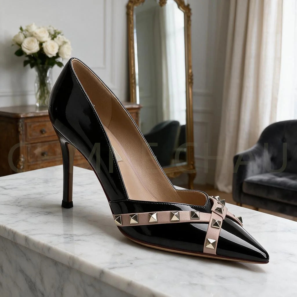 【Measure Your Feet Length Before Order】Rivets Luxry Designer Women Elegant Pumps Pointy Toe Stiletto High Heel Shoes 120-CHC-33