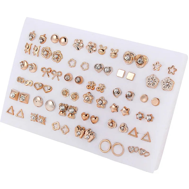 36pairs/set Silver Color Flower Stud Earring Set For Women Girl Crystal Bear Animals Earrings Jewelry Gift Mix Styles