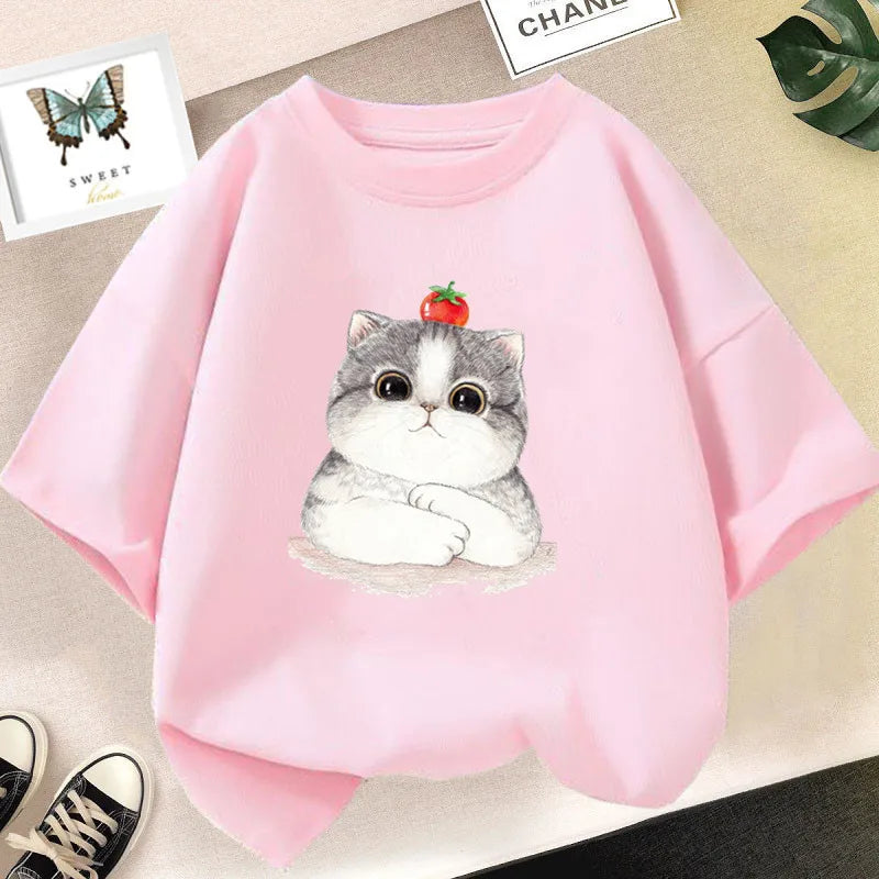 Girls Clothes 2024 Summer Fashion T-Shirt Fun And Cute Cat Kitten Print Short-Sleeved Tops Children Summer Clothes