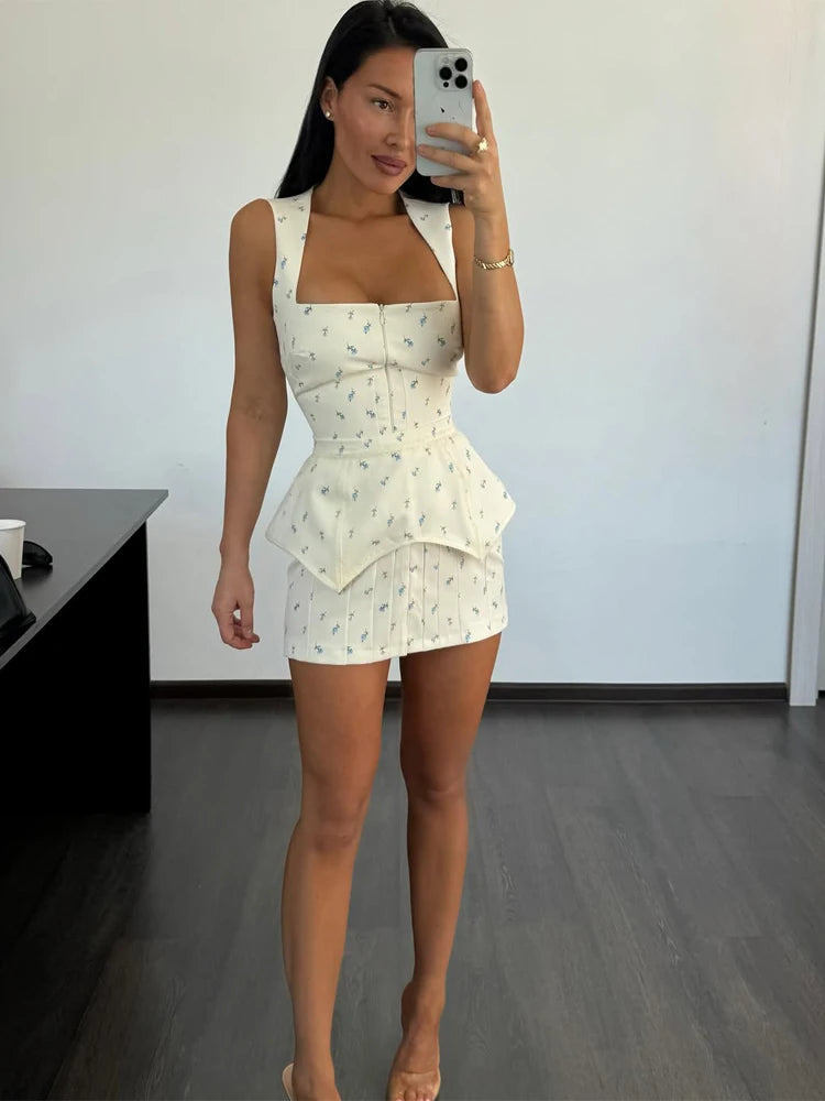 Elegant Print Waistband Short Dress For Women Square Collar Sleeveless Zip Up Waist-closed Dresses 2026 Summer Lady Party Robes