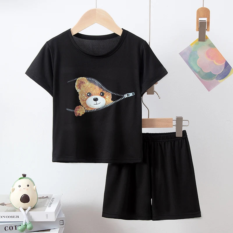 2-piece Summer Children's Shorts Short Sleeve Suit Girl Sweet And Lovely Pink Rabbit Coat Boy Handsome Bear Joker Home Clothes