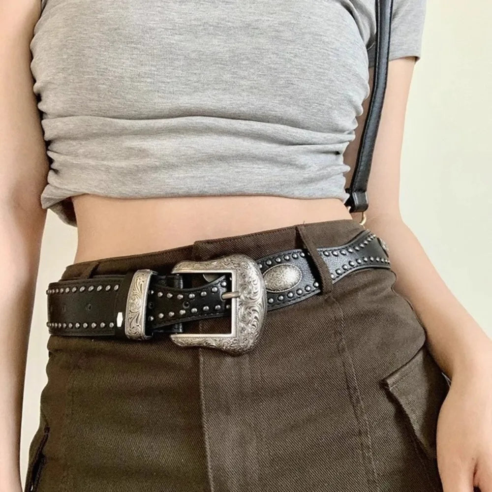 Strap Buckle Cool Black Rivet Belt American Style Wide PU Vintage Waistband Adjustable Alloy Coffee Y2K Belt Waist Seal