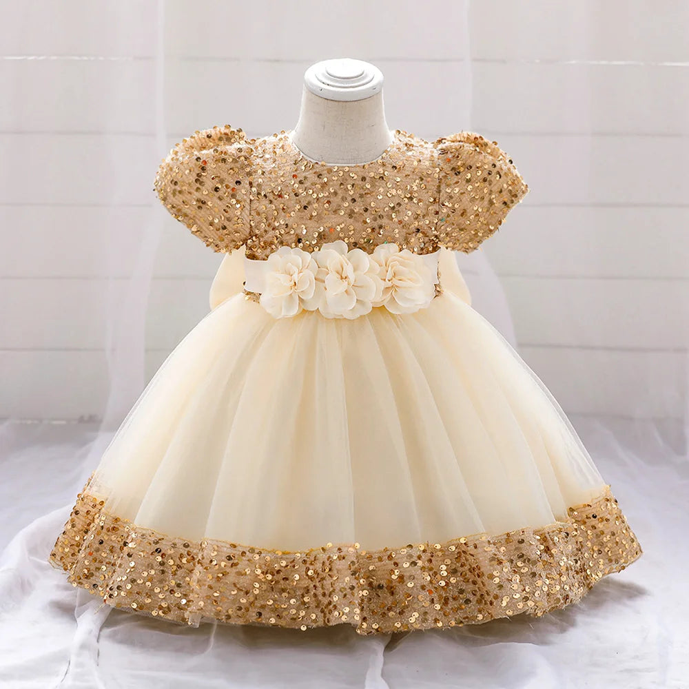Toddler Baby Sequin Party Dresses Baptism Wedding 1 Year Birthday Bow Princess Dress For Baby Girls Lace Bridemaid Gown Vestidos