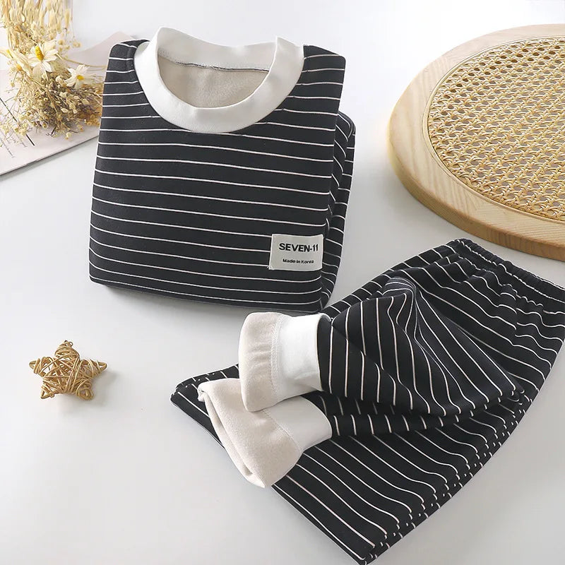 Children's Suit Clothing Autumn Winter Warm Clothes Kids Girls' Long Sleeved Top with Plush Bottom Baby Boys' Top+ Pants Set