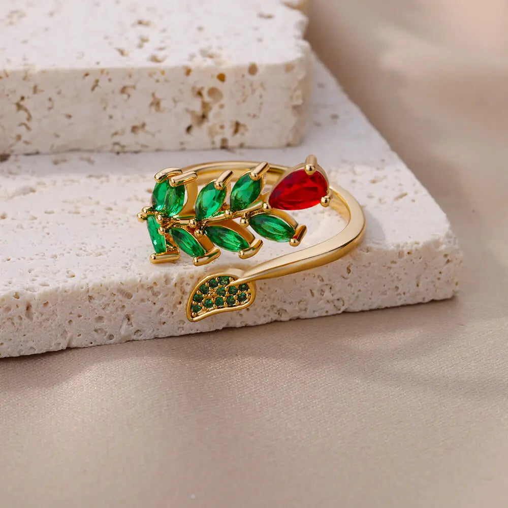 Luxury Zircon Double Layer Leaf Rings For Women Gold Color Stainless Steel Ring Boho Couple Jewelry Accesorios anillos mujer
