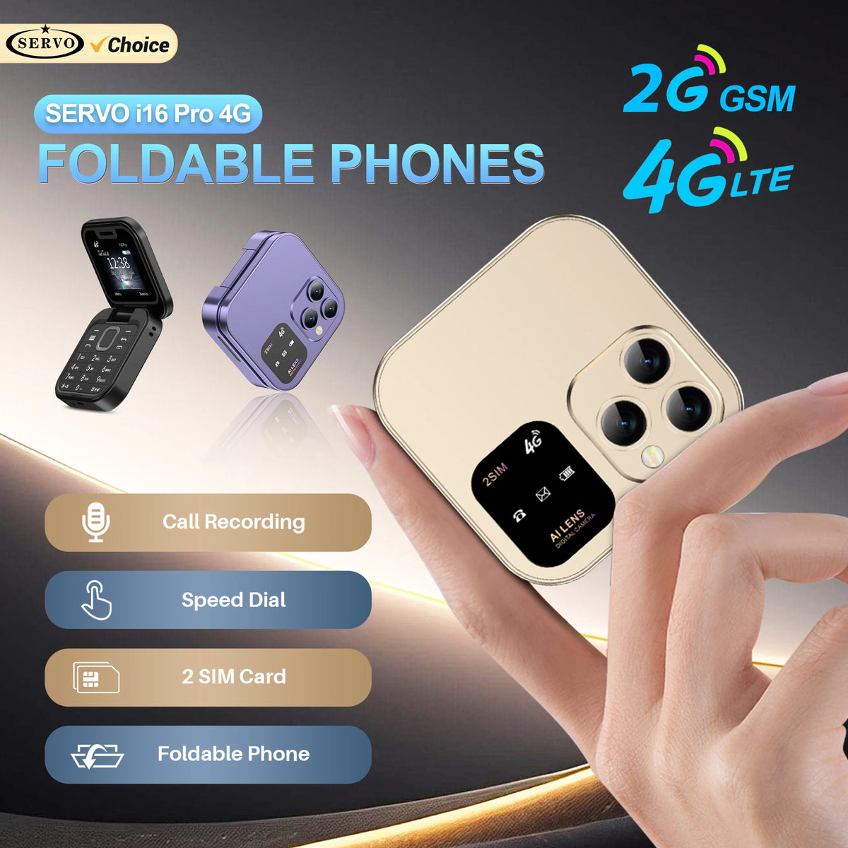 SERVO i16 Pro 2G GSM/4G LTE Network Small Flip Mobile Phone 2 SIM Standby Call Recording Speed Dial 1.77" Mini Folding Cellphone