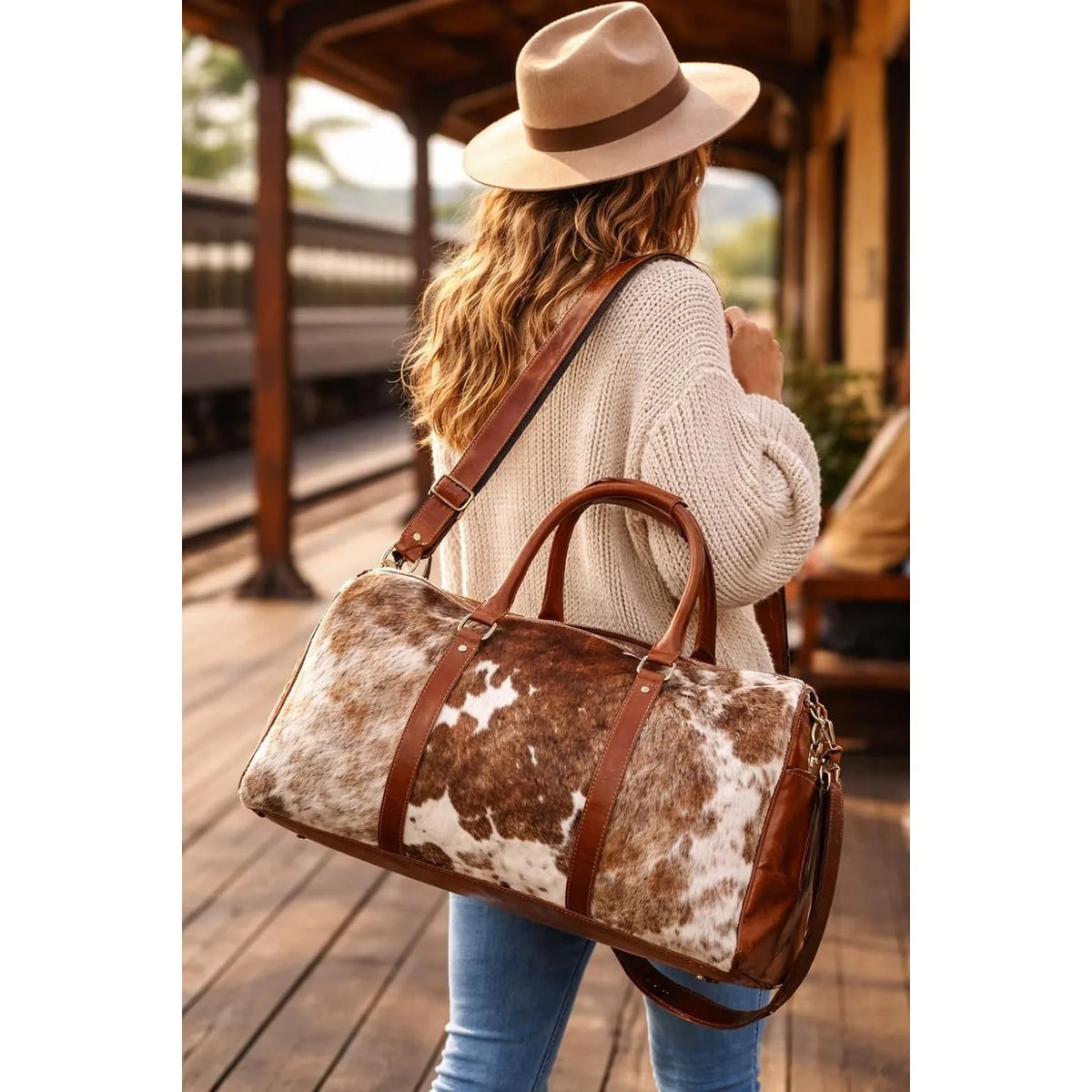 Western Cowhide Hair-On Genuine Leather Weekender Duffel Travel Bag