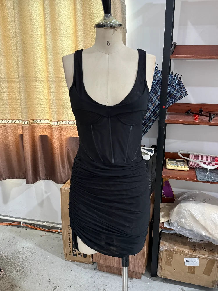 Kpop Black Hollow Out Mini Dress Women Elegant Turtleneck Short Sleeve High Waist Slim Dresses Lady Evening Club Fashion Robes