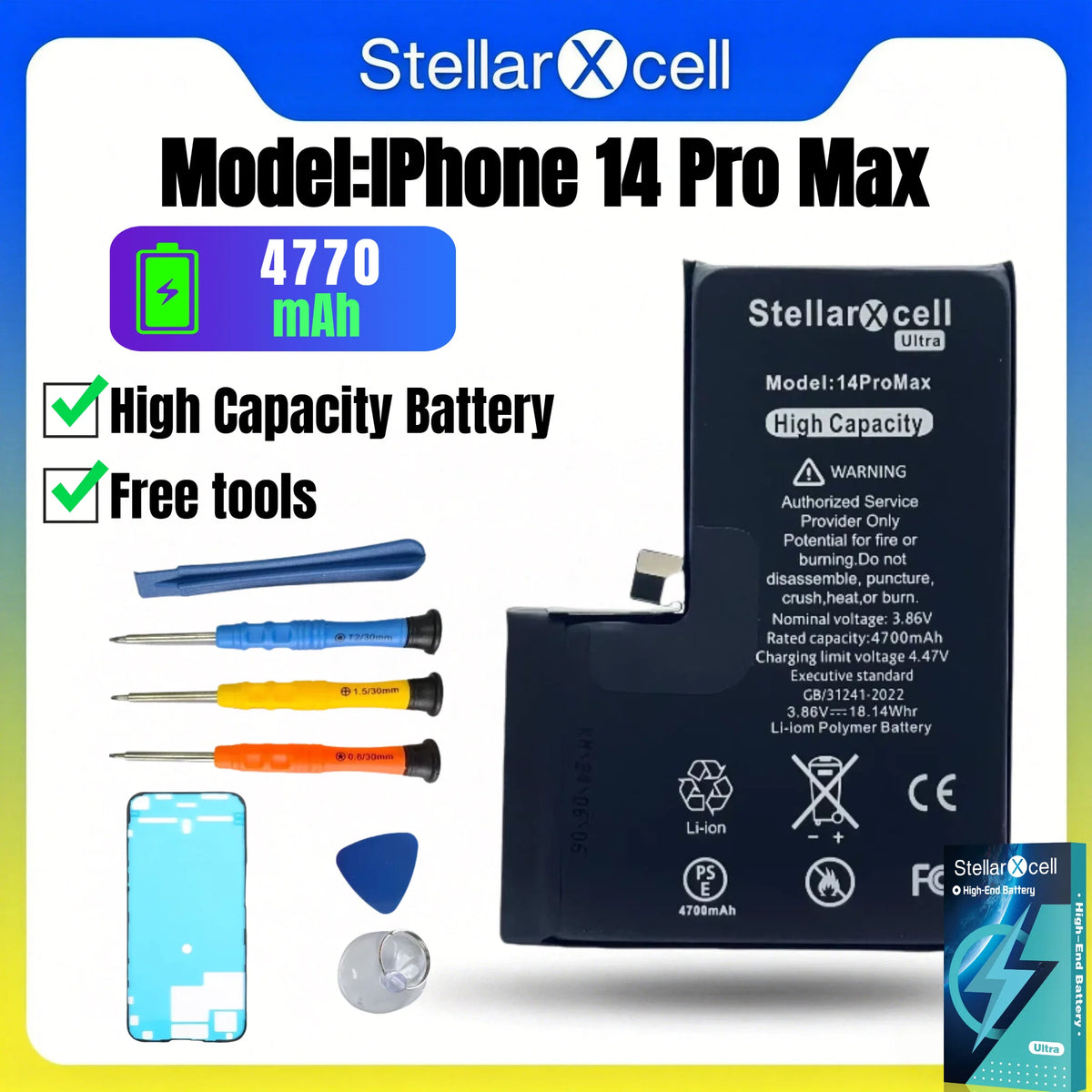 StellarXcell Ultra Original Battery High Capacity Cell for iPhone 7037 TI for 11 12 13 14 15 Pro Plus promax mini with Free Tool