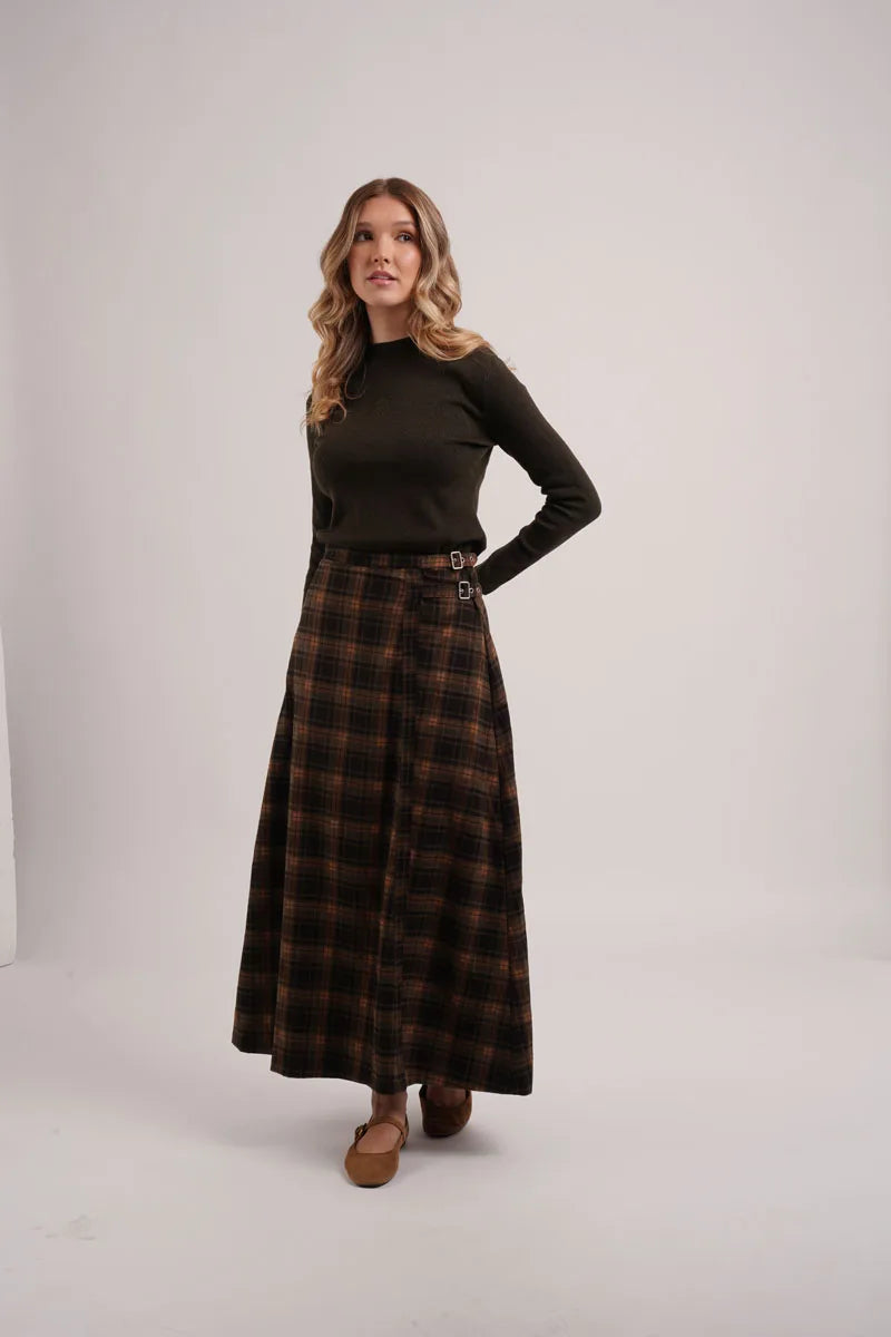 AS AW26 fashion Embroidered knit mockneck top + Plaid buckle skirt match woman clothes