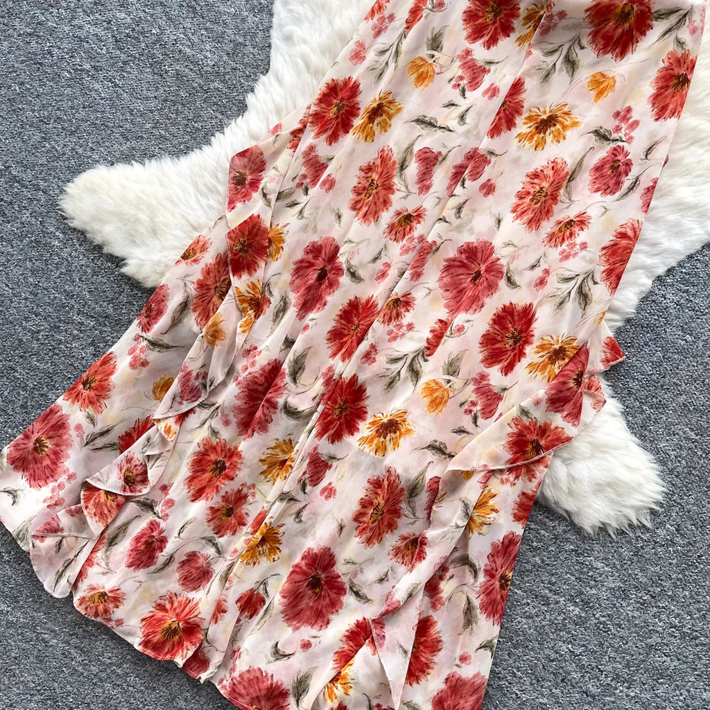 French Vacation Floral Spaghetti Strap A‑Line Midi Dress Women Summer High Waist Ruffled Slim Elegant Dresses