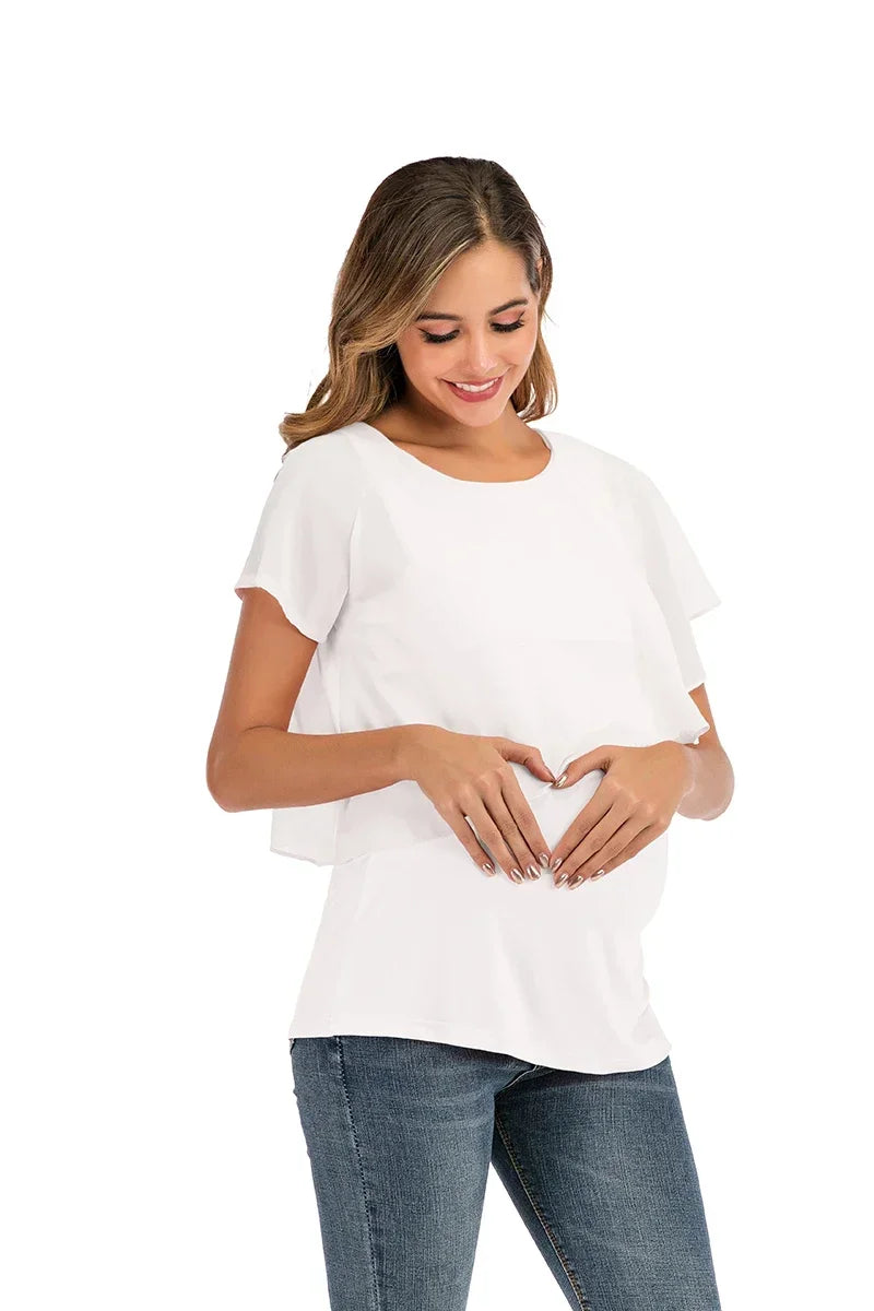 Women Short Sleeve Wrap Nursing T-Shirts Double Layer Blouse Tops Soft Breathable Pregnancy Maternity Tees Breastfeeding Moms