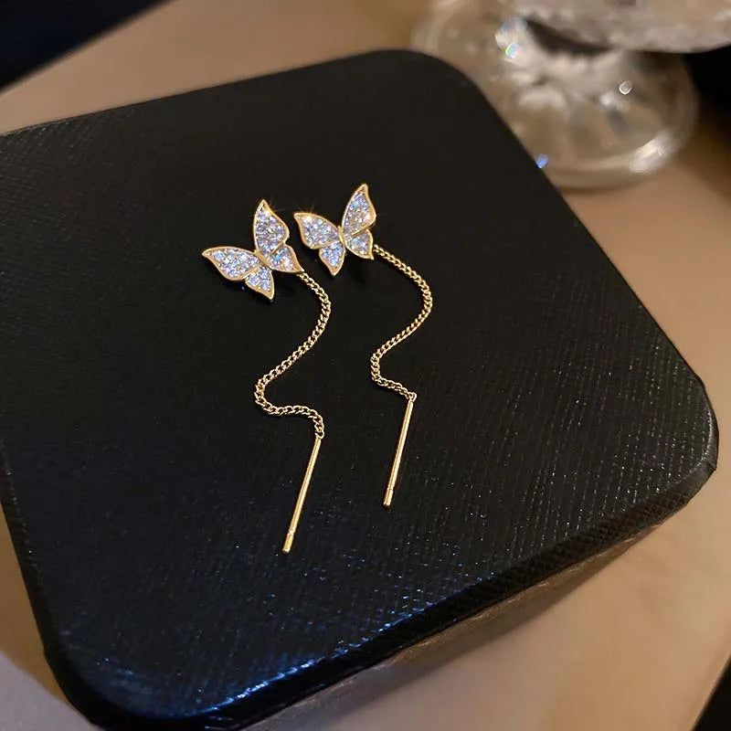 Exquisite Butterfly Long Tassel Earrings Two Ways To Wear Rhinestone Drop Earings For Women Party Wedding Jewelry Gifts K-