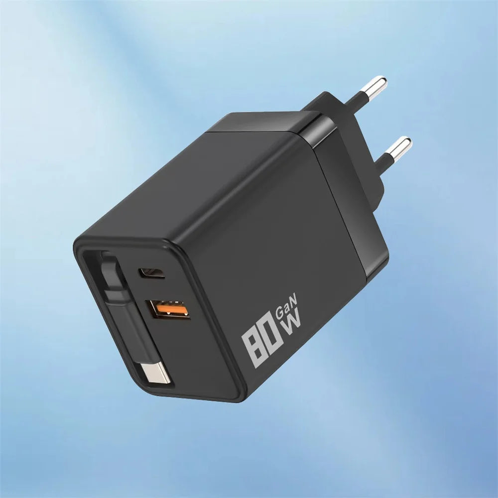 80W GaN USB Type C Charger Fast Charging With Built-in PD Cable USB C Quick Charger EU/US/UK Plug For iPhone 17 16 Xiaomi Huawei