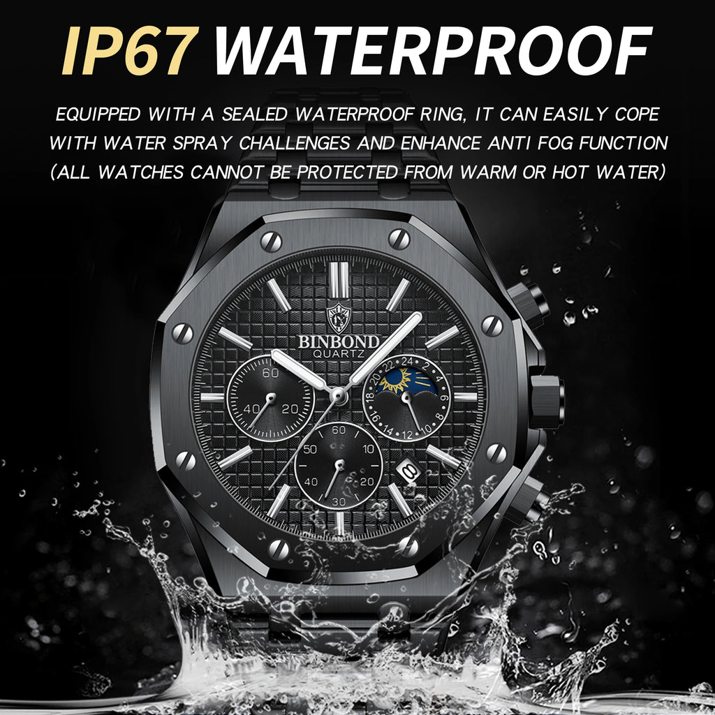 BINBOND Luxury quartz wristwatches luminous waterproof auto date chronograph men's watch business sport watch for men reloj