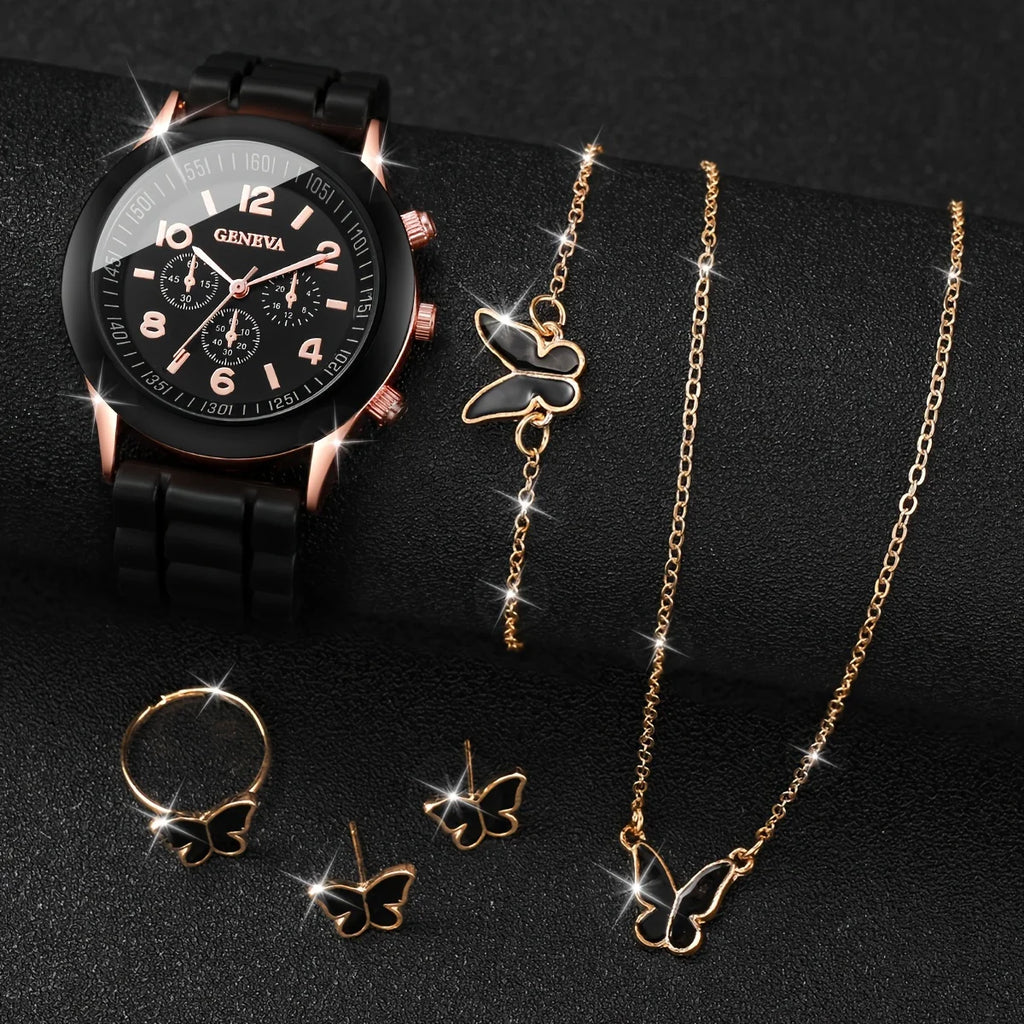 6PCS/Set Women's Watch Casual Silicone Band Quartz Watches Butterfly Jewelry Set(Without Box)