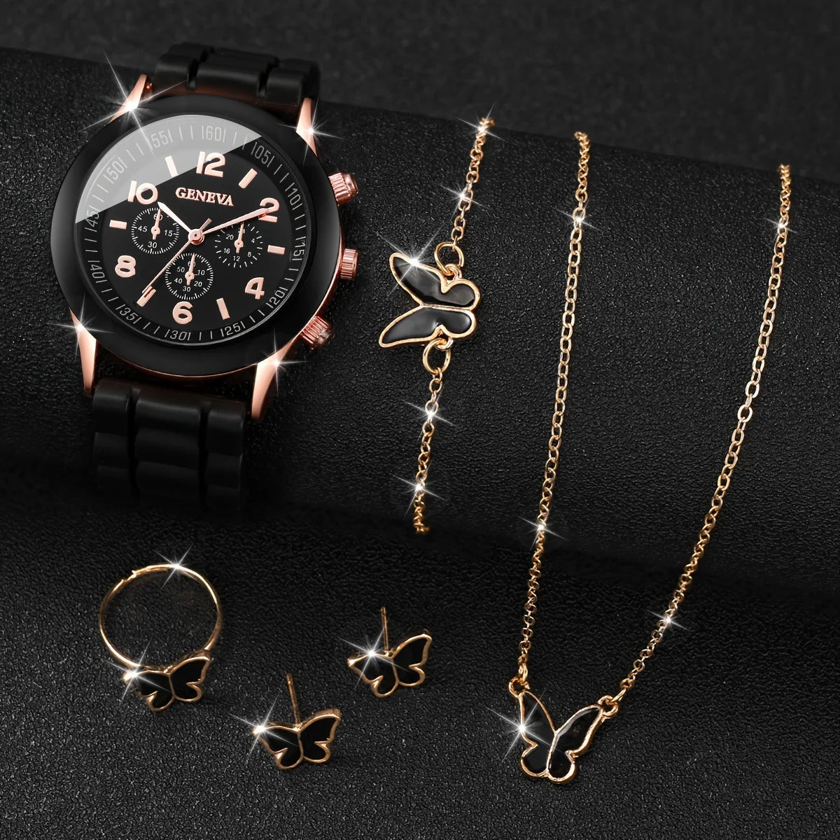 6PCS/Set Women's Watch Casual Silicone Band Quartz Watches Butterfly Jewelry Set(Without Box)
