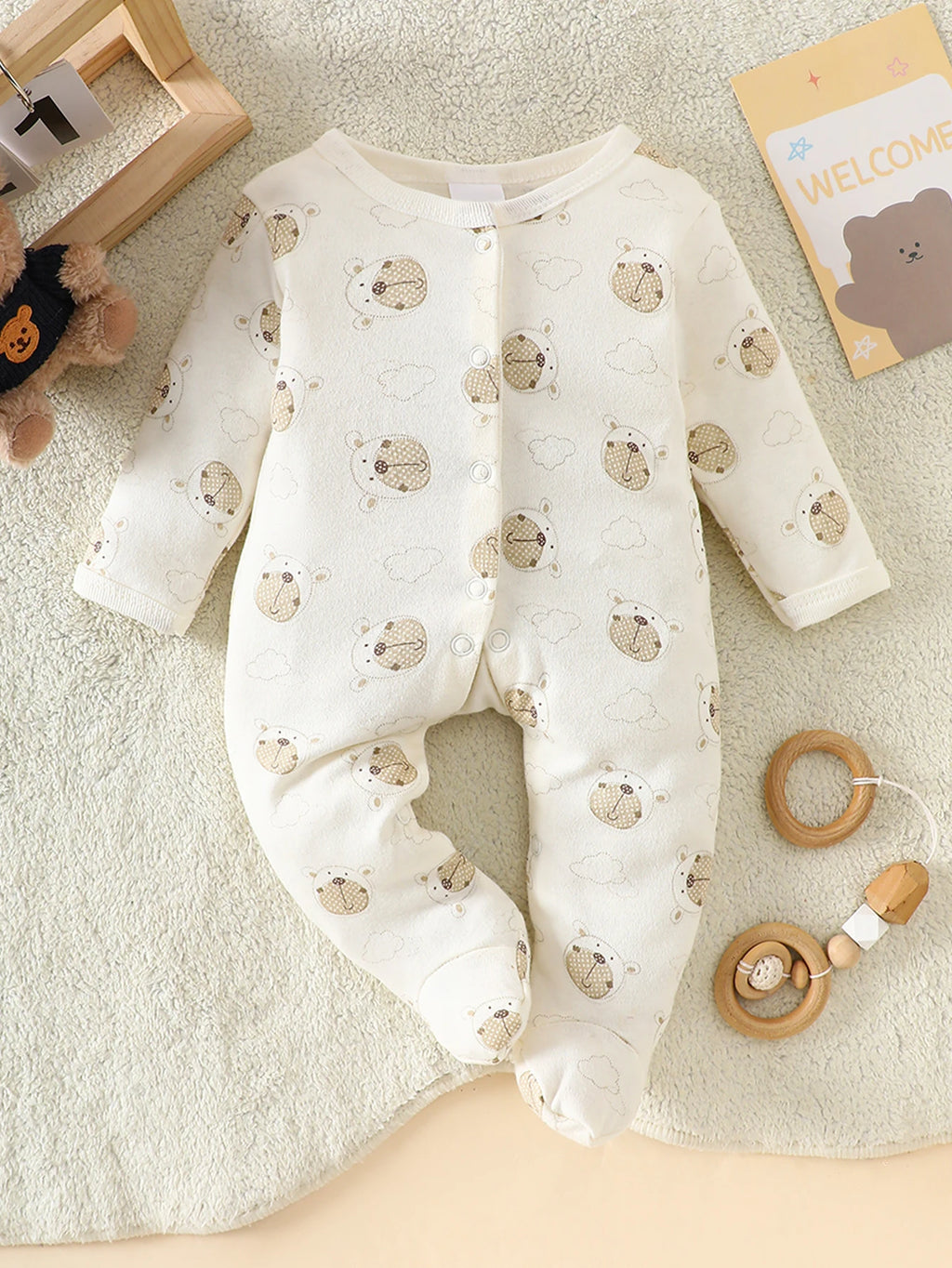 8-Piece Newborn Romper Set • 100% Cotton • Soft & Breathable Beige with Cute Bear Pattern, Perfect for Sleeping & Crawling