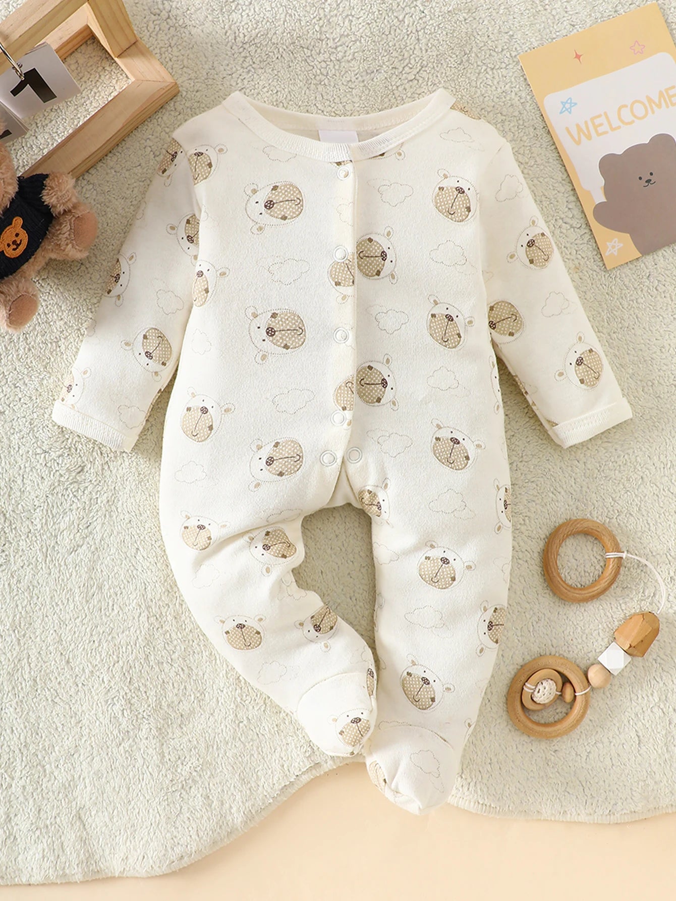 8-Piece Newborn Romper Set • 100% Cotton • Soft & Breathable Beige with Cute Bear Pattern, Perfect for Sleeping & Crawling