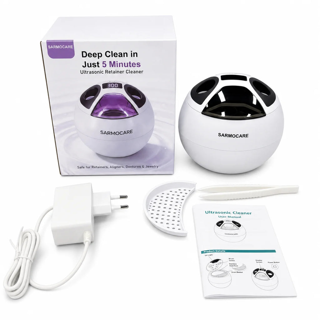 Dental Cleaning Pod 45kHz Ultrasonic Retainer UV Cleaner Machine Digital Timer 2 Modes 200ML Capacity for Dentures Mouth Guards