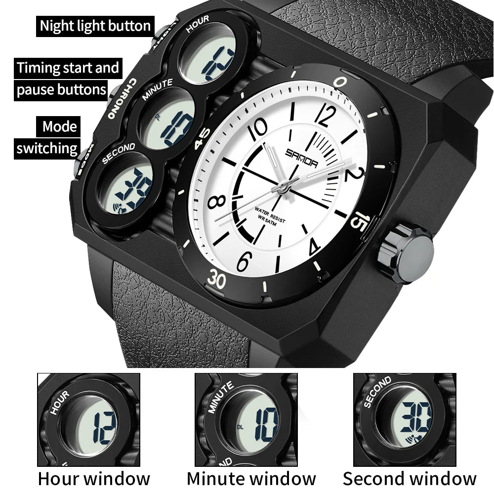 SANDA Men Watch Square Big Dial Waterproof Double Display Wristwatch Man Chronograph Digital Clock Men's Military Quartz Watches