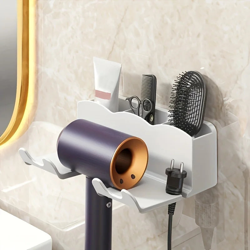 Hair Dryer Storage Rack Wall Mounted 2 in 1 Partition Hands Free Easy Install No Drill Shower Accessory Compact Storage Lazy Hol