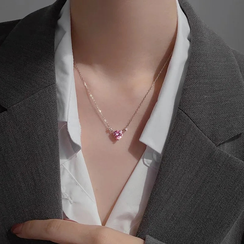 ANENJERY Pink Zircon Love Heart Necklace for Women New Fashion Sweet Design Clavicle Chain collares para mujer