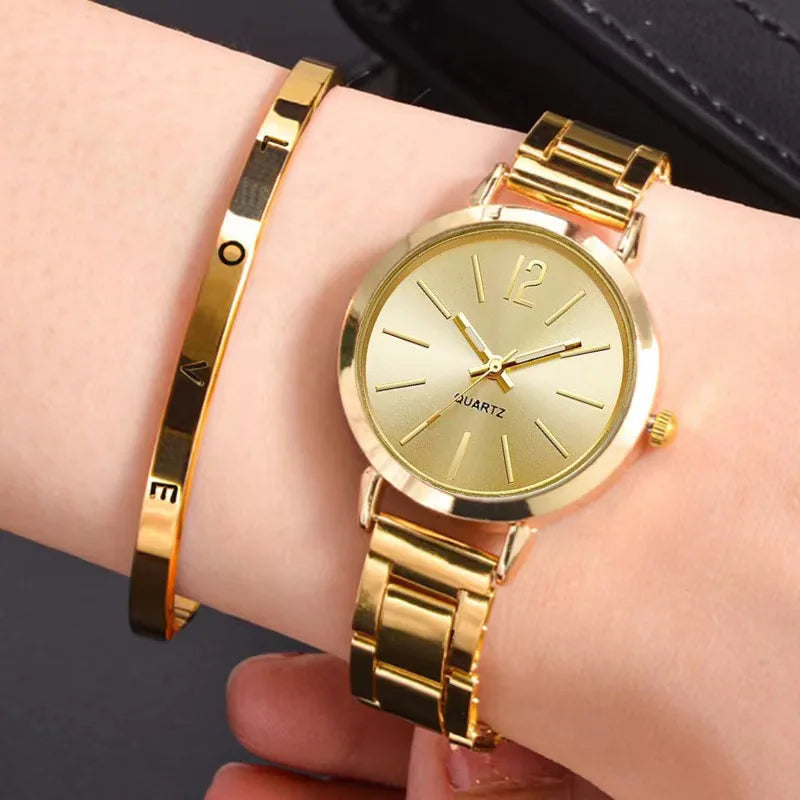 2pcs/set of Luxury Ladies' Simple Dial Alloy Strap Fashionable Gold Opening Bracelet Quartz Watch Student Ladies' Watch