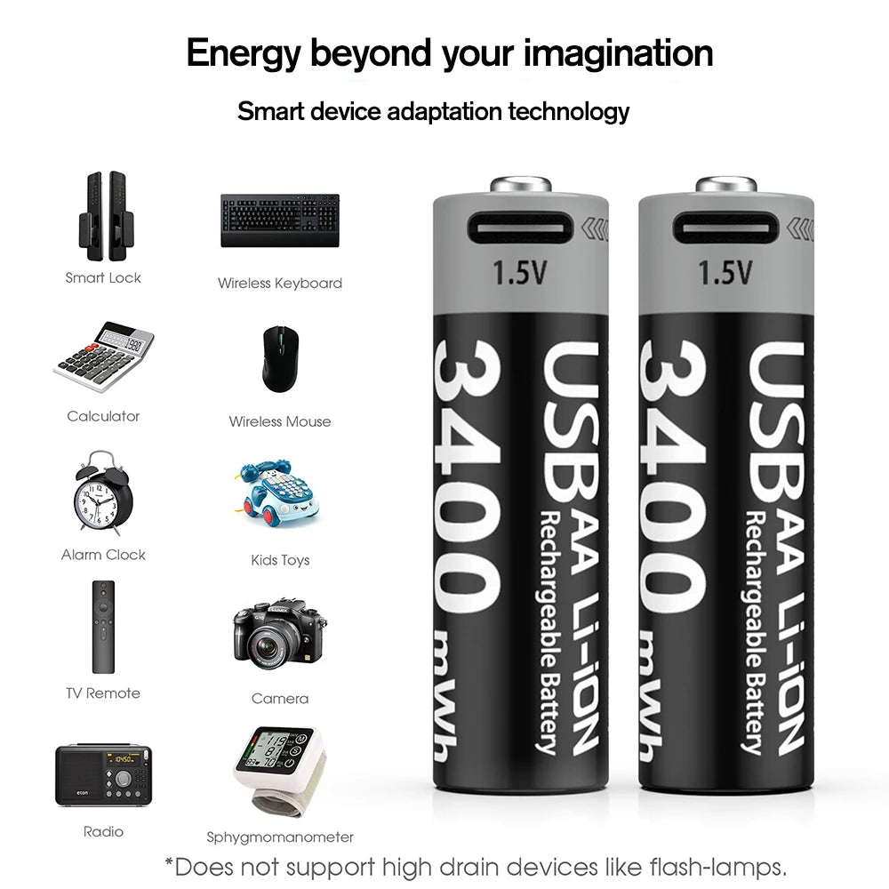 Kuugro High Capacity 1.5V 3400mWh AA Rechargeable Battery USB Type-C AA Li-ion Battery for Remote Control Smart Door Lock Toy