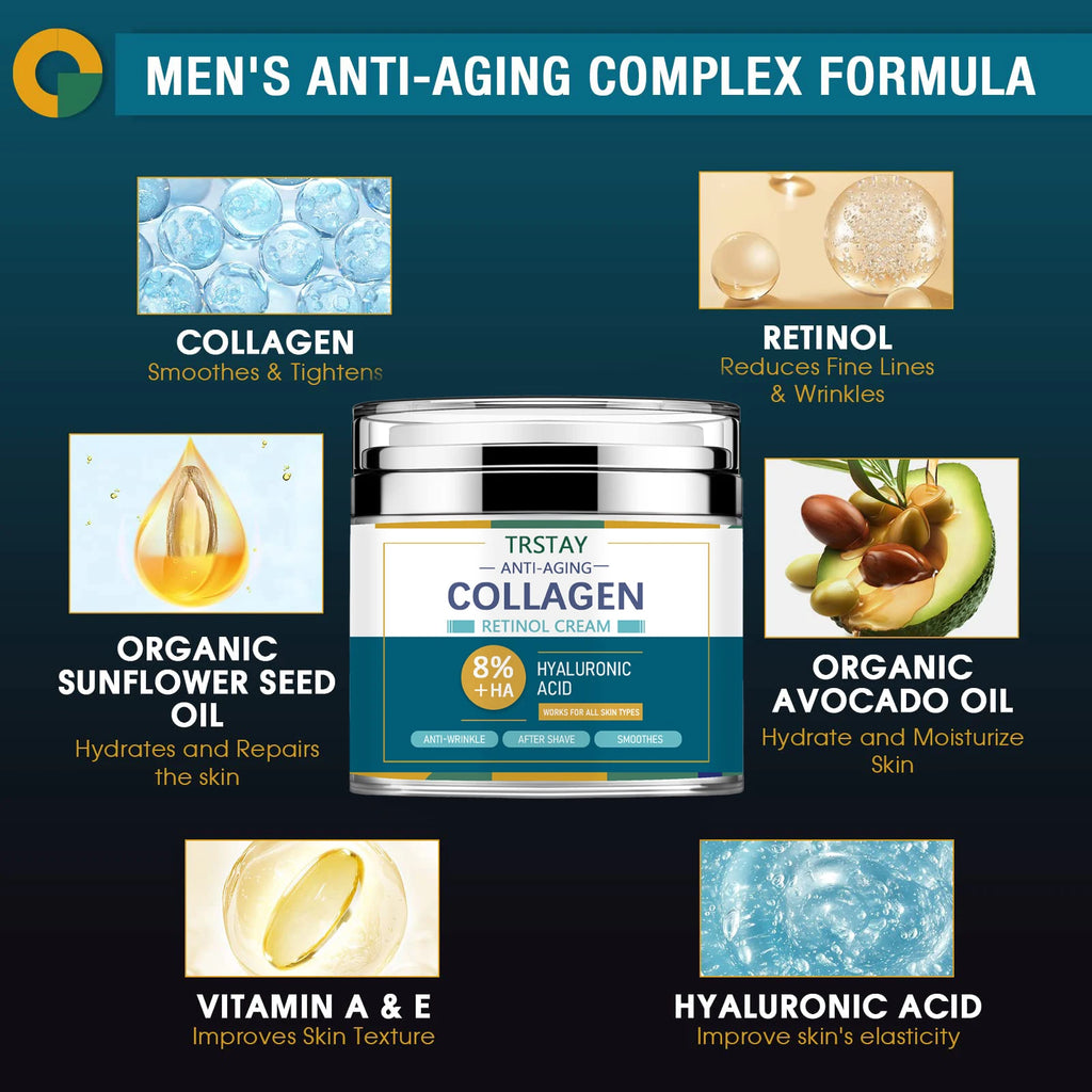 Mens Face Cream Moisturizer with 8% Hyaluronic Acid Collagen,one or two pumps is enough to dab on cheeks,forehead,and chin and g