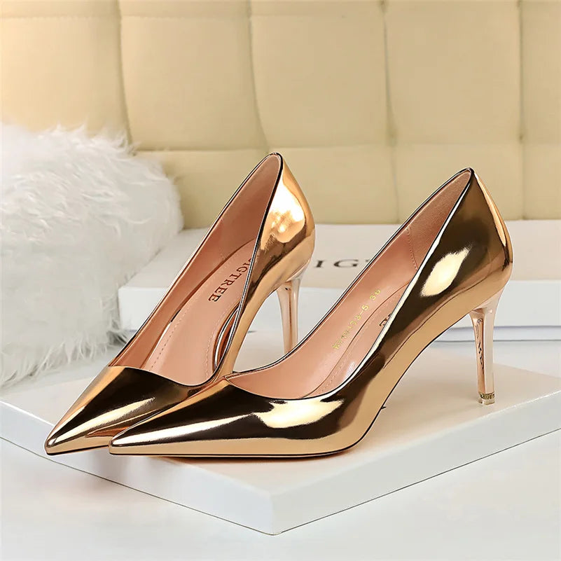 Women Mteallic Patent Bronze Leather Pumps 7.5cm 10.5cm High Heels Lady Stiletto Middle Low Heels Wedding Bridal Silver Shoes