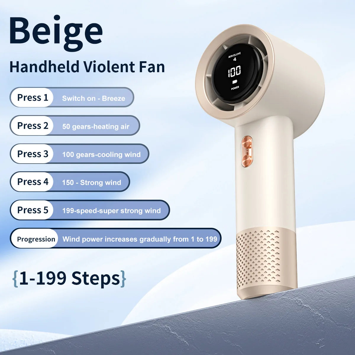 Handheld High Speed Mini Fan, Portable Personal Air Cooler Heater with 199 Levels Infinite Wind Speed Adjustment