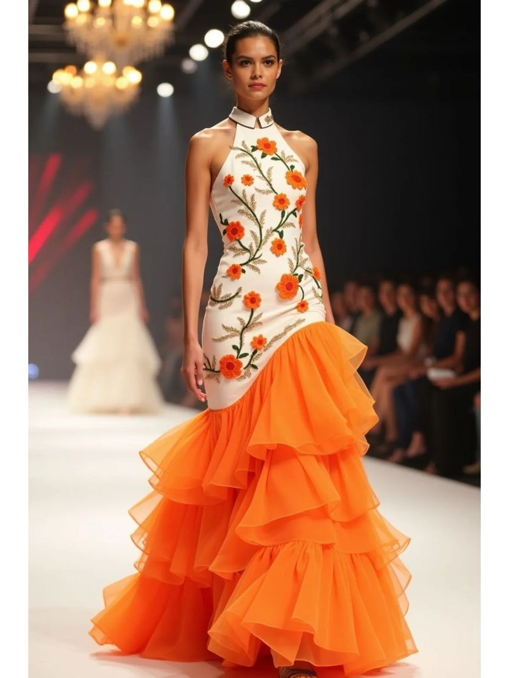 White Orange Floral Halter Mermaid Maxi Dress Sleeveless Bodycon Gown with Tiered Ruffle Hem Elegant Formal Evening Women Dress