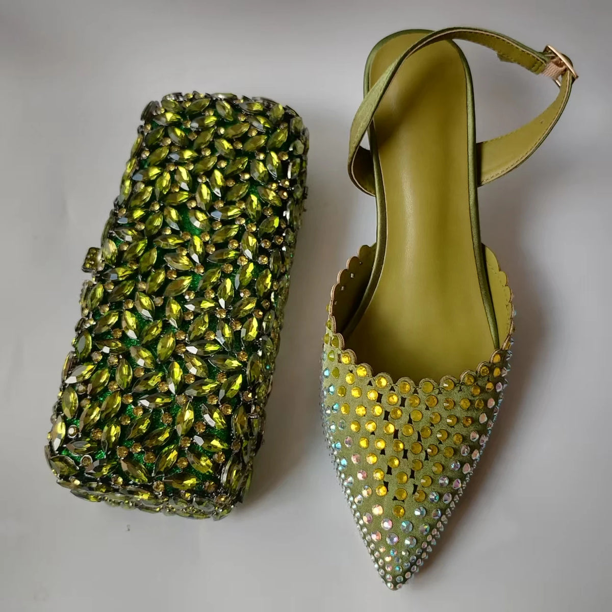 INSIGHTLINK Luxury Olive Green Rhinestones Women's Shoe and Bag Set for Party Wedding Crystals Heeled Pumps and Handbag Sandals