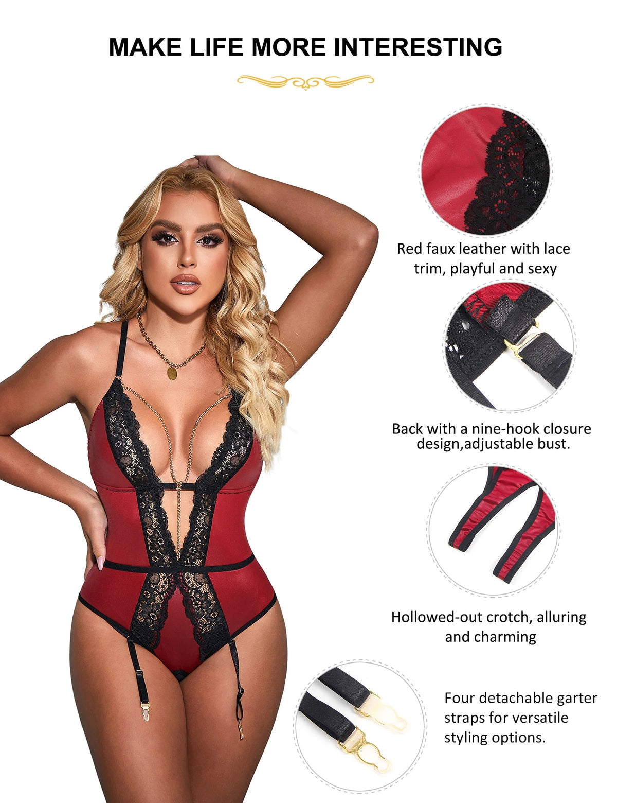 Comeondear Women Bodysuit Lace Outfit Catsuit Faux Leather Jumpsuit Chain Garter Lingerie Leotard Plus Size Sexy Teddy Bodysuits