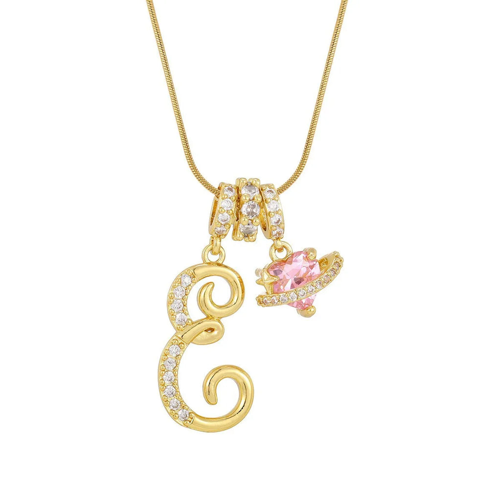 Fashion Letter Necklace Pink for Women  Zircon Heart Pendant Suitable for Personalized Stainless Steel Luxury Jewelry for Girls