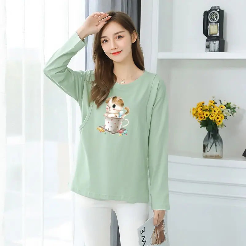 2025 Autumn Long Sleeve O-neck Postpartum Women Nursing T-shirt Maternity Breastfeeding Top Pregnancy Lactation Tees 7 Colors