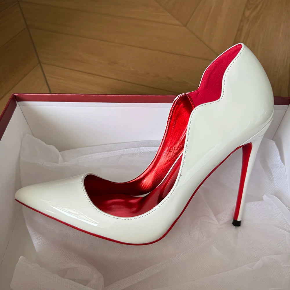 Heelgoo Glossy White Elegant Curl Cut Women Pointy Toe 12cm High Heels Black Dress Shoes Sexy V Cut Lady Wedding Stiletto Pumps