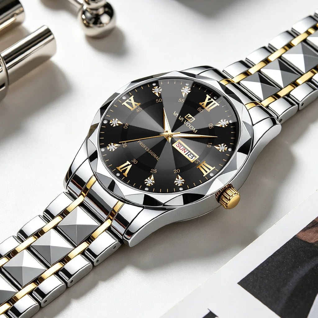 Stainless Steel Watch Men Dual Tone Strap 41mm Blue Rhinestone Dial Quartz Business Clock Suitable Dinners Dates Formal Watches